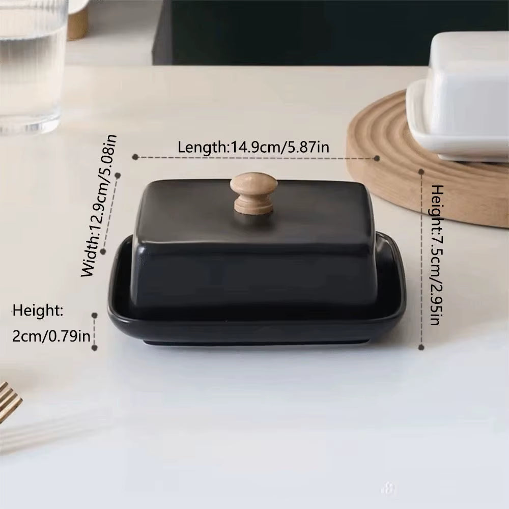 Black & White Ceramic Butter Dish with Wooden Handle – Rectangular Covered Butter Keeper for Kitchen & Dining