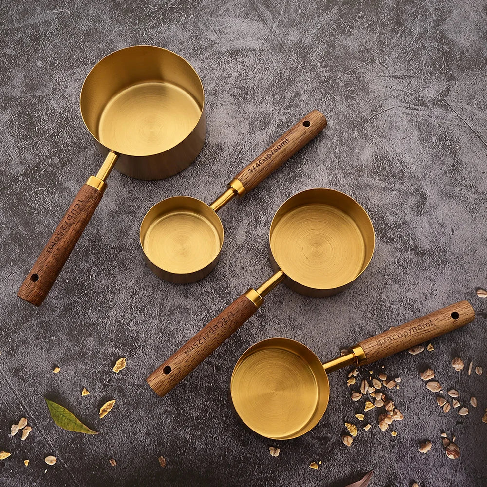 Wooden Handle Measuring Cups and Spoons Set - Stainless Steel Kitchen Baking Tools in 1Pc, 4Pcs or 8Pcs Silver, Black or Gold