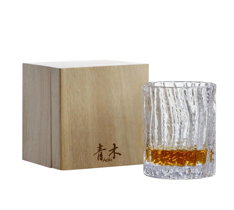 Kinoshin Bark Whisky Glass – Japanese Hammered Crystal Tumbler with Wooden Gift Box (275ml)