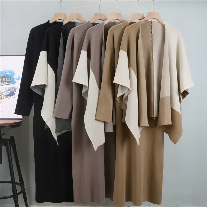Women's Two-Piece Knit Midi Dress with Color-Block Cape, Available in Black, Beige & Camel