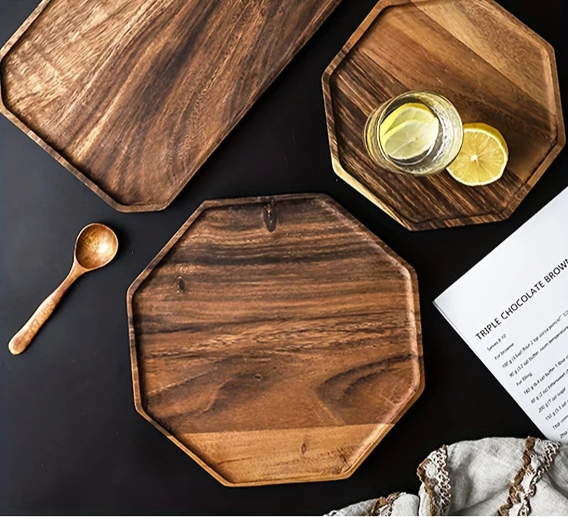 Octagonal Acacia Wood Plate – Eco-Friendly Dessert and Serving Tray for Snacks, Tea or Dinner