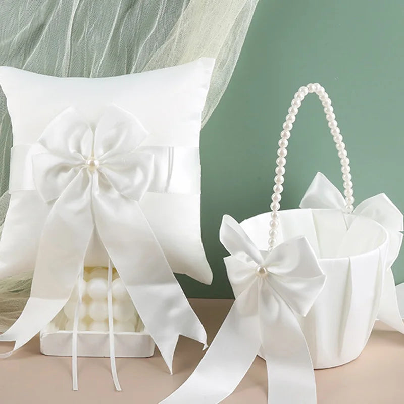 Ivory Satin Flower Girl Basket & Ring Cushion Set – Wedding Ceremony Accessories with Pearl Handle & Bow Detail