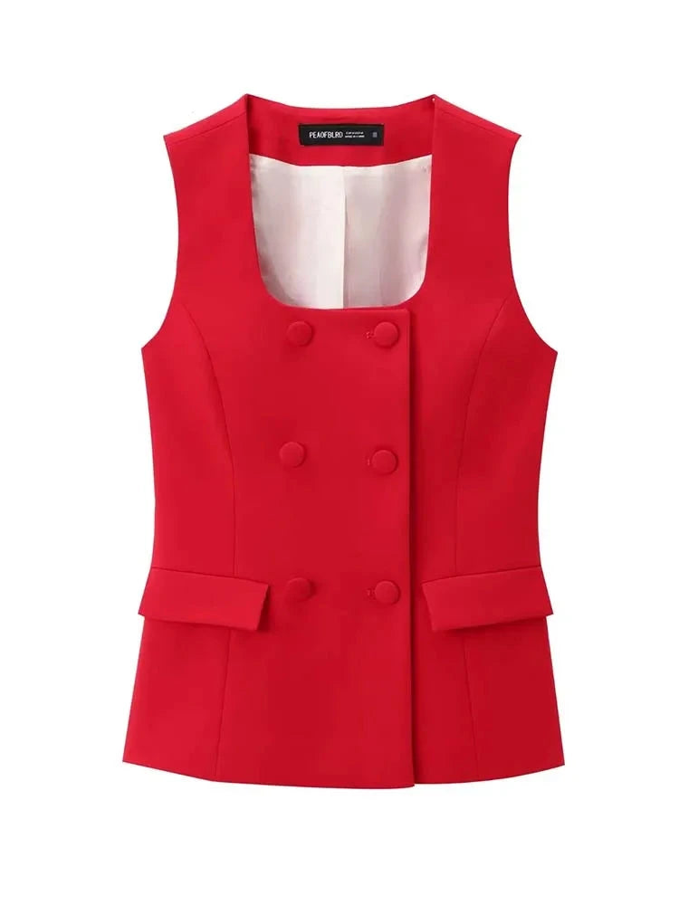 Stylish Red Two-Piece Trouser Suit with Sleeveless Blazer and Wide-Leg Trousers