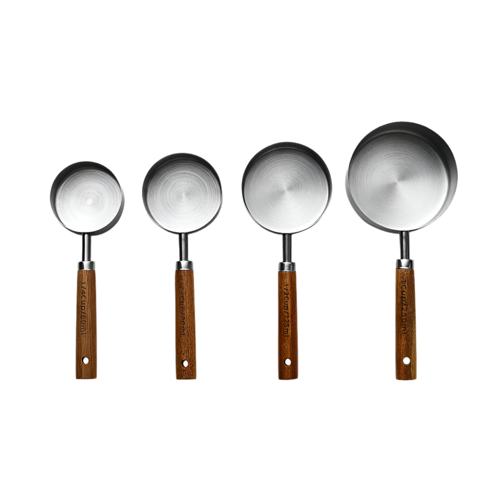 Wooden Handle Measuring Cups and Spoons Set - Stainless Steel Kitchen Baking Tools in 1Pc, 4Pcs or 8Pcs Silver, Black or Gold