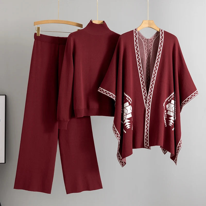 3-Piece Knit Co-ord Set with Mock-Neck Top and Cape – Available in Claret, Black, Brown, Blue, Tan & Beige