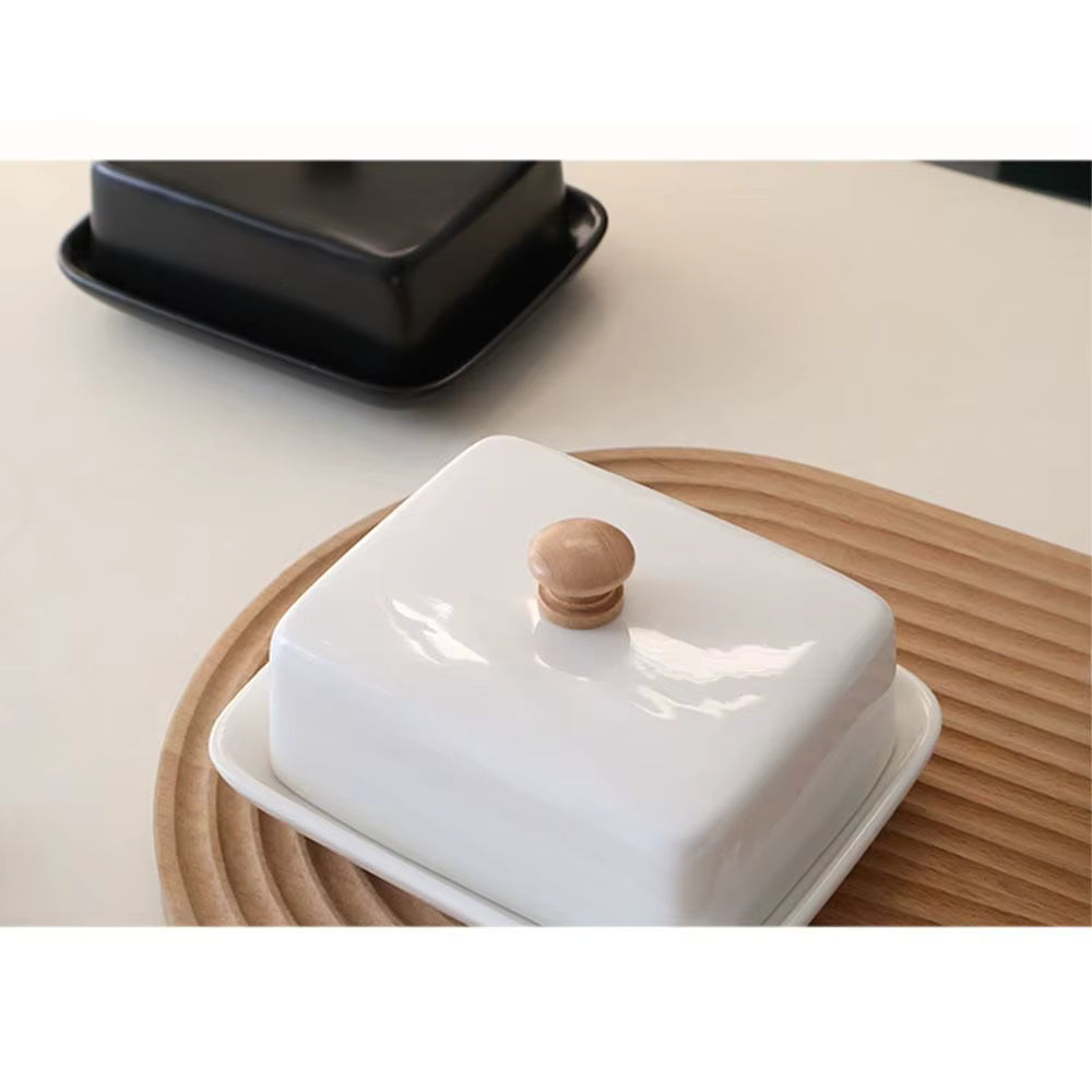 Black & White Ceramic Butter Dish with Wooden Handle – Rectangular Covered Butter Keeper for Kitchen & Dining