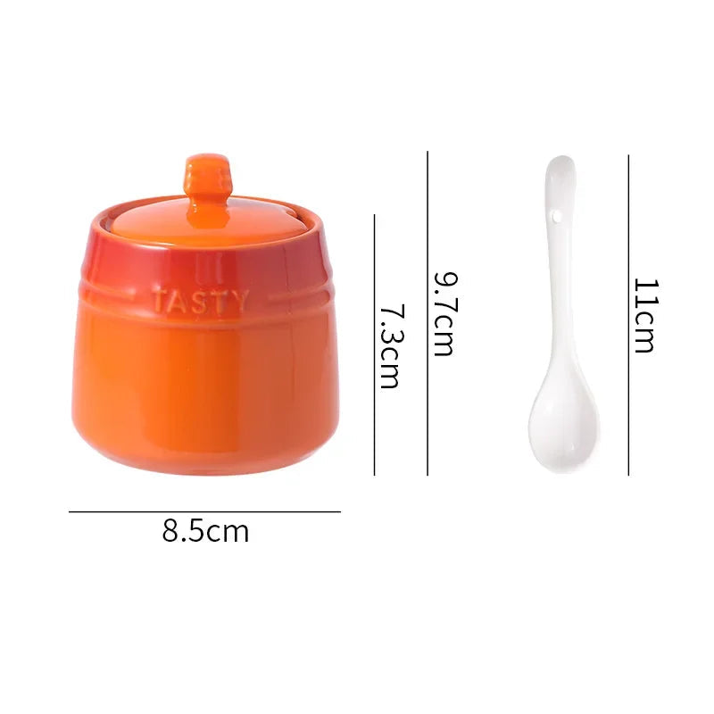 Ceramic Sugar/ Spice Bowl with Lid & Spoon – 1 Piece Colourful Kitchen Condiment Jar for Sugar, Salt & Spices