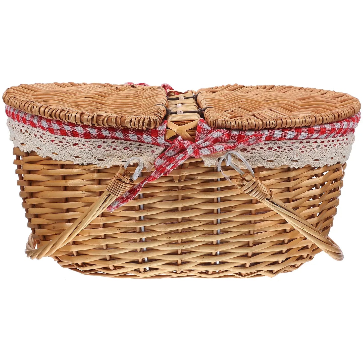 Vintage Wicker Picnic Basket with Lid – Traditional Hamper with Gingham Lining