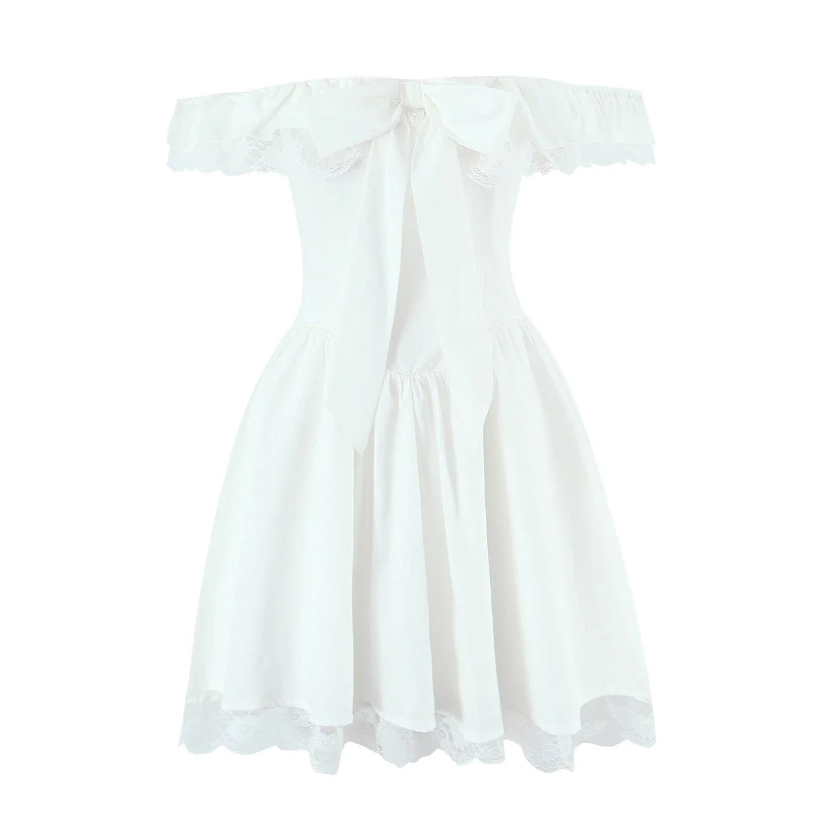 Evienne Off-Shoulder Corset Mini Dress – White Ruffle Bow Summer Dress for Garden Parties and Holiday Looks