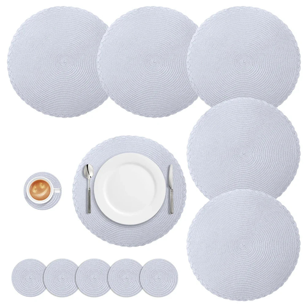 Woven Round Placemats and Coasters Set – 6-Piece Dining Table Mats