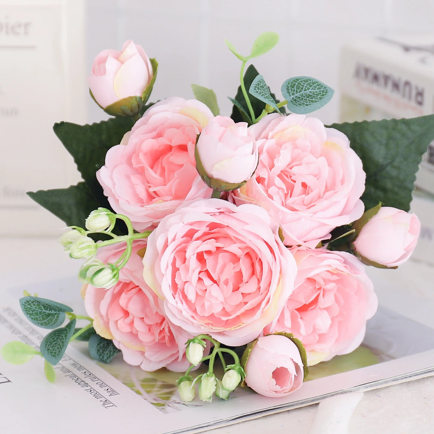 Blush Rose & Hydrangea Flower Bouquet – Pink Faux Floral Centrepiece for Home Decor