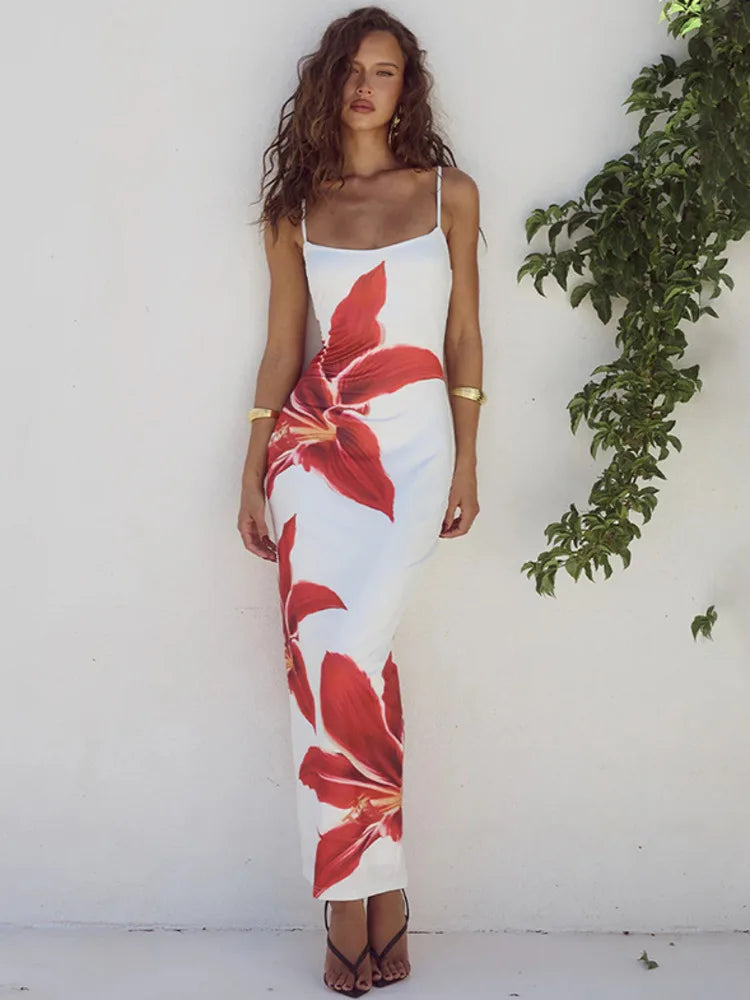 Camaria Floral Print Spaghetti Strap Maxi Dress – Summer Bodycon Holiday Gown in White, Pink, Black or Blue