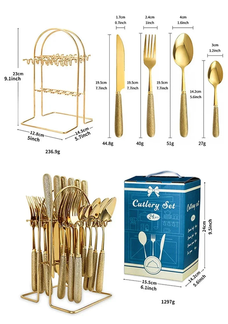 24-Piece Gold & Silver Stainless Steel Cutlery Set with Holder – Elegant Dining Tableware for 6