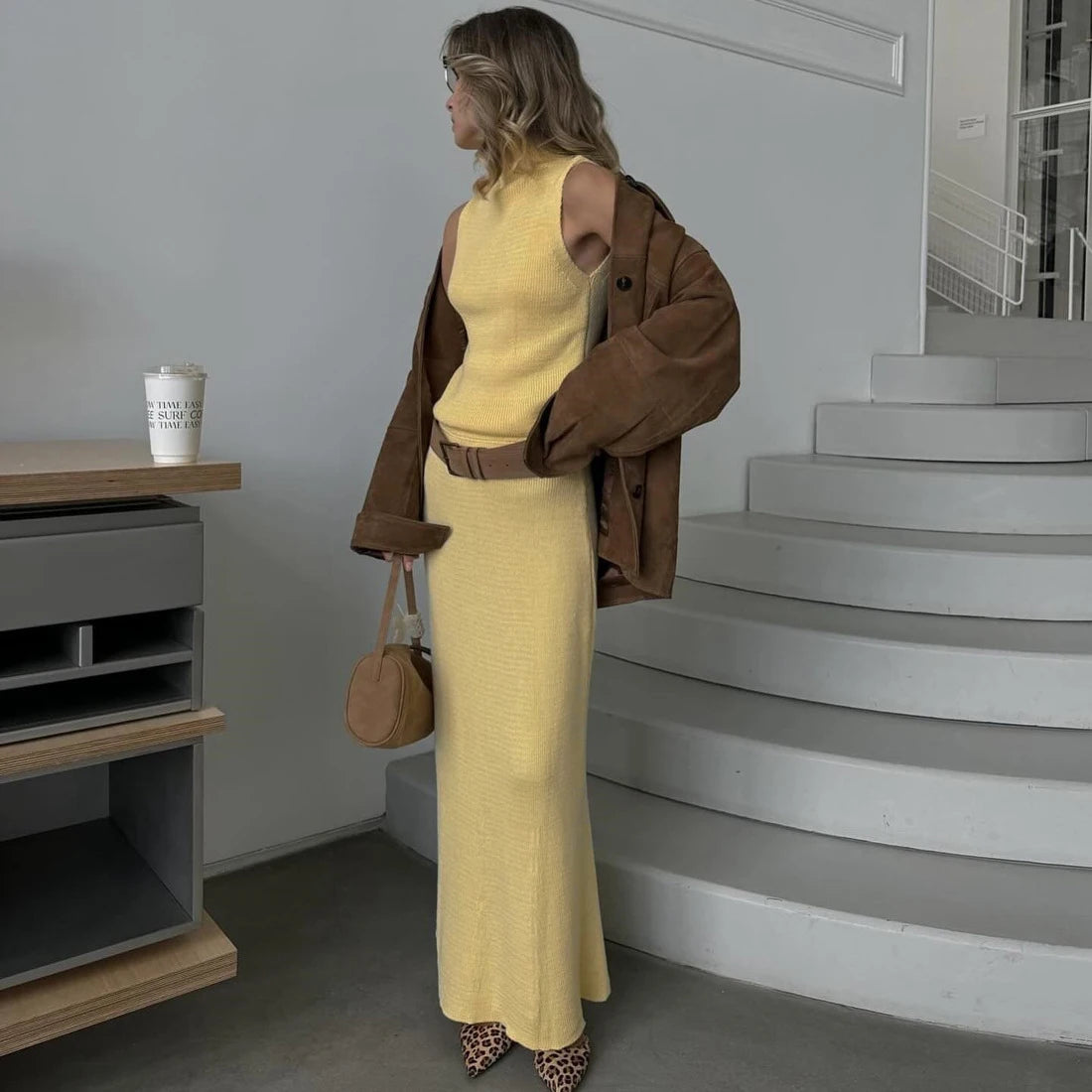 Elvire Sleeveless Knit Co-Ord Maxi Set – Yellow, Green, Red, White, Brown or Black Ribbed High Neck Two-Piece Dress