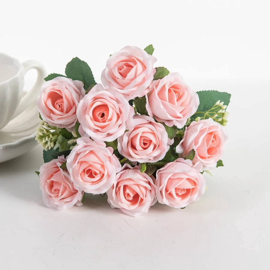Silk Rose Flower Bouquet – 10 Stem Decoration for Vases, Weddings & Home Styling