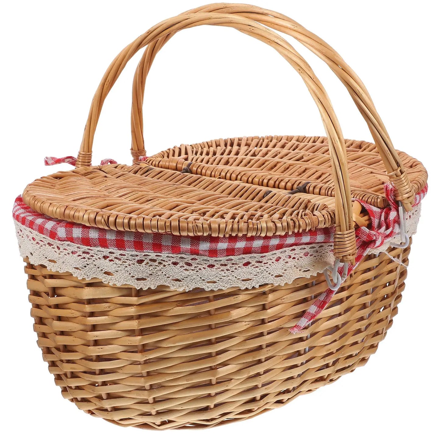 Vintage Wicker Picnic Basket with Lid – Traditional Hamper with Gingham Lining