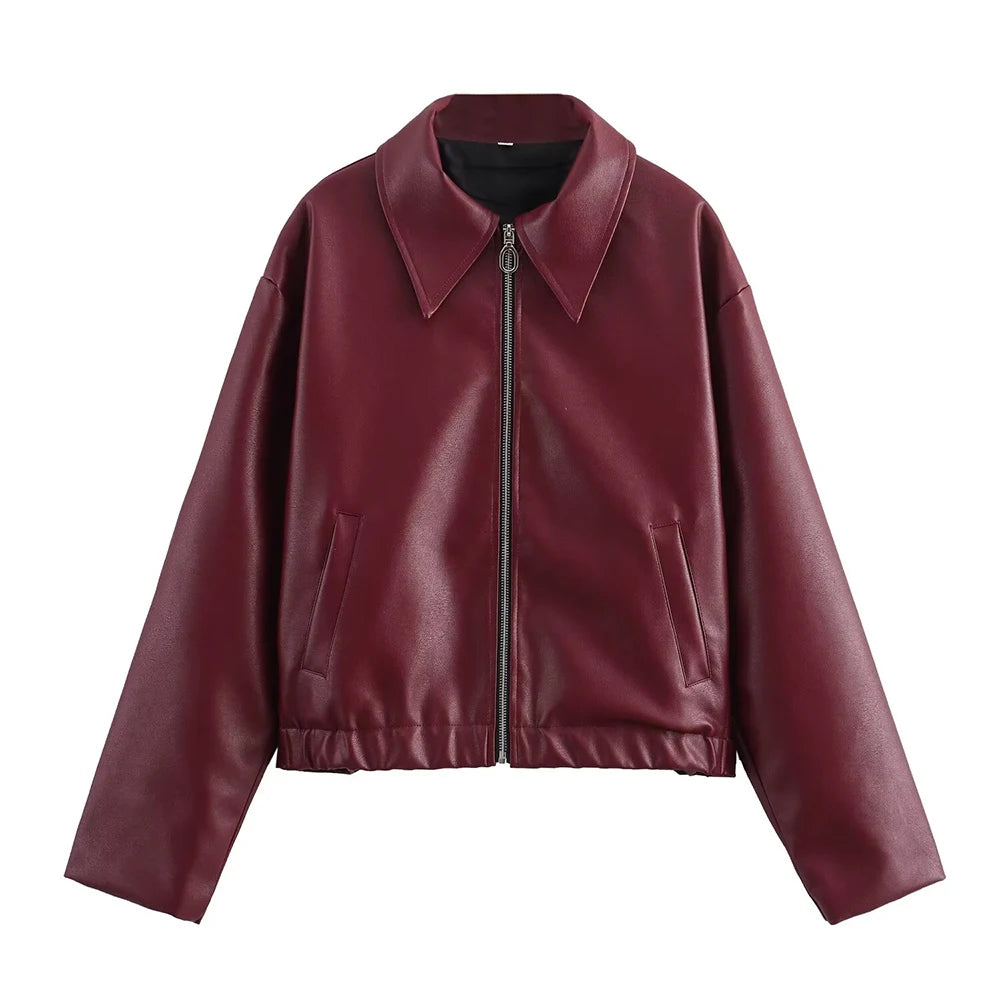 Amavira Faux Leather Zip Jacket – Oversized Bomber in Brown and Burgundy for Women