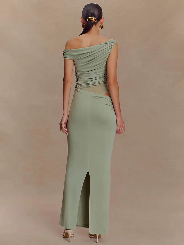 Marcelle One Shoulder Ruched Mesh Cut Out Maxi Dress – Black or Sage Green Summer Bodycon Gown