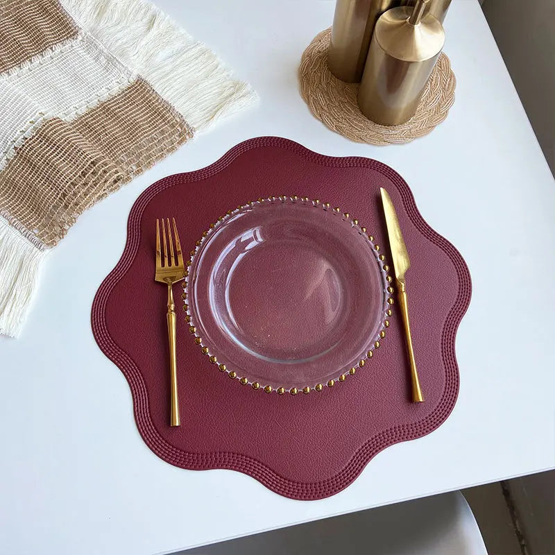 Flower Shaped Embossed Faux Leather Placemats – 38cm Round Dining Table Mats in 1pc, 4pcs or 6pcs Sets