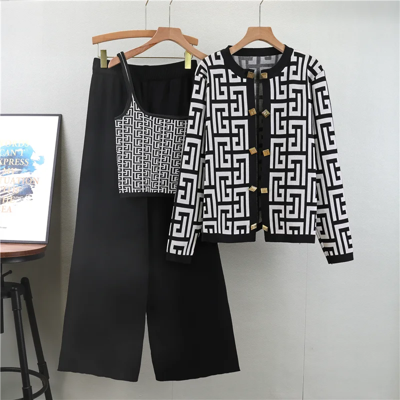 Bold 3-Piece Knit Co-ord Set with Geometric Pattern & Gold Buttons