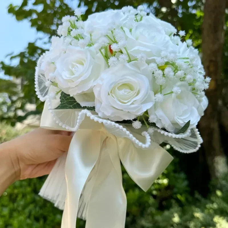 Elodie Peach and Ivory Rose Bridal Bouquet – Wedding Flowers with Pearl Trim
