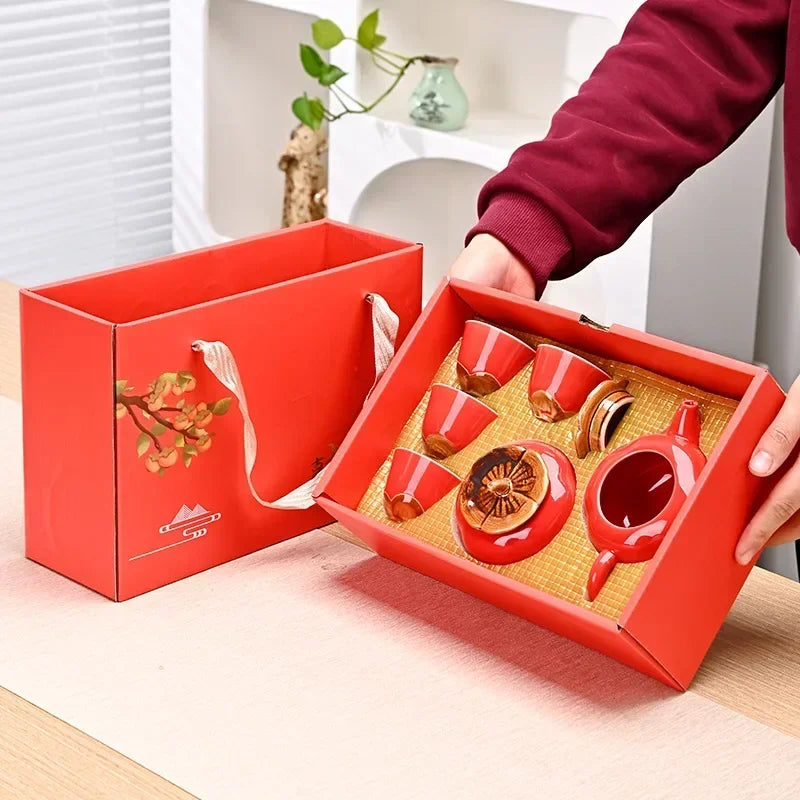 Red Ceramic Teapot & Teacup Set – Traditional Style Afternoon Tea Gift Set with 4/6 Pieces