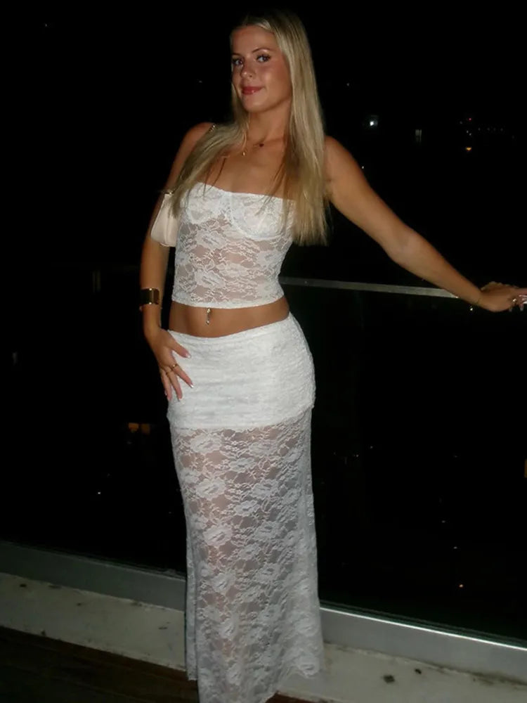 Selina White Lace Maxi Skirt and Crop Top Co-Ord – Sheer Two-Piece Holiday Set for Summer Evenings & Beach Outfits