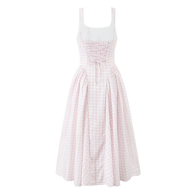 Soleina Pink or Yellow Gingham Midi Dress – Pretty Summer Day Dress with Fitted Bodice and Full Skirt