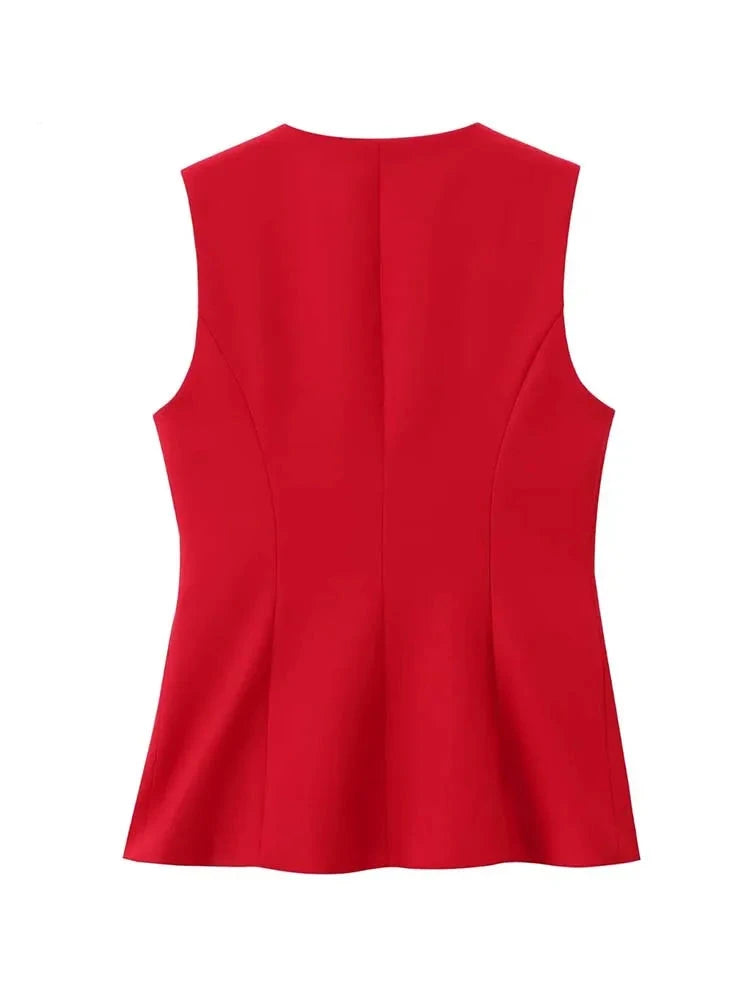 Stylish Red Two-Piece Trouser Suit with Sleeveless Blazer and Wide-Leg Trousers