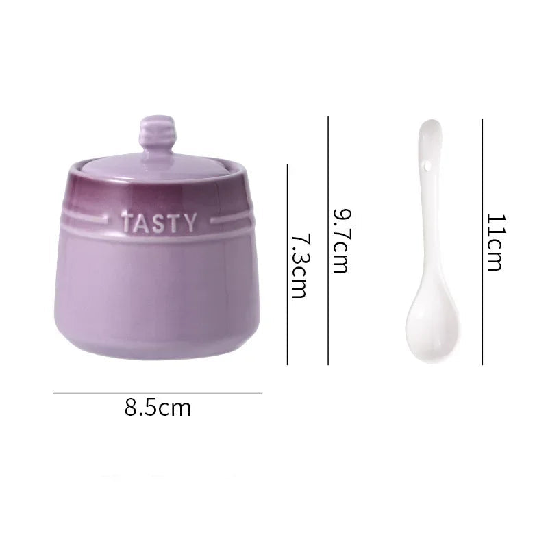 Ceramic Sugar/ Spice Bowl with Lid & Spoon – 1 Piece Colourful Kitchen Condiment Jar for Sugar, Salt & Spices