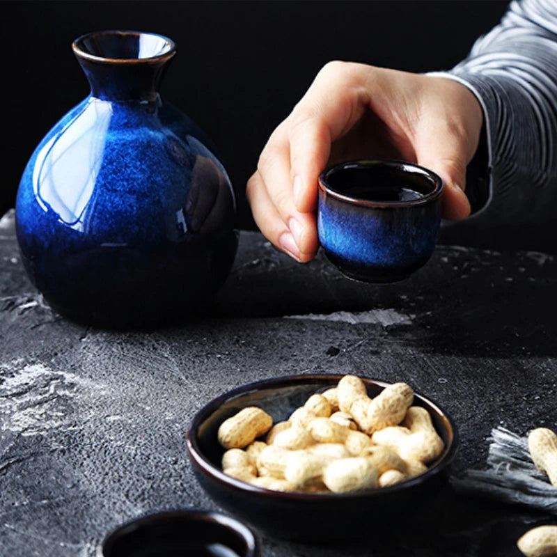 Midnight Azure Sake Set – 5-Piece Japanese Ceramic Carafe & Cup Set for Home Bar & Gift