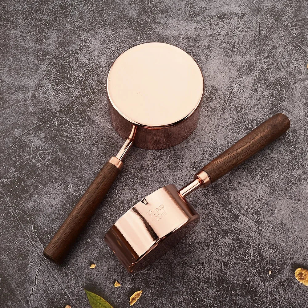 Rose Gold Measuring Cups and Spoons Set – Stainless Steel with Wooden Handles for Baking & Cooking