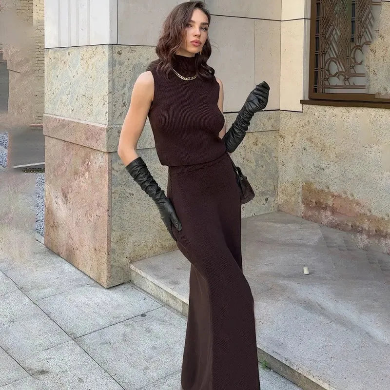 Elvire Sleeveless Knit Co-Ord Maxi Set – Yellow, Green, Red, White, Brown or Black Ribbed High Neck Two-Piece Dress