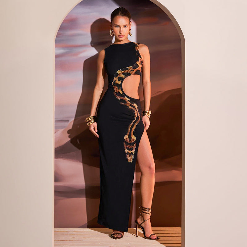 Virela Sleeveless Snake Print Cut-Out Bodycon Dress – Summer Party Dress with Side Slit
