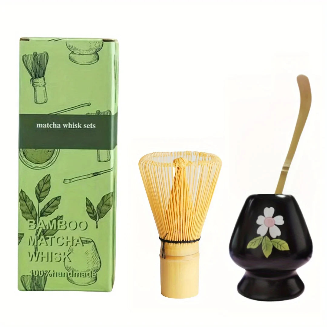 Bamboo Matcha Whisk & Scoop Set – 3-Piece Japanese Tea-Making Kit with Ceramic Holder