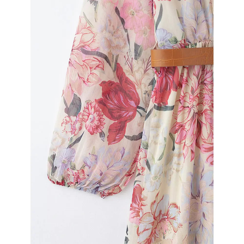 Marilina Floral Tie Neck Midi Dress with Long Sleeves and Belt – Pink Vintage-Inspired Summer Occasion