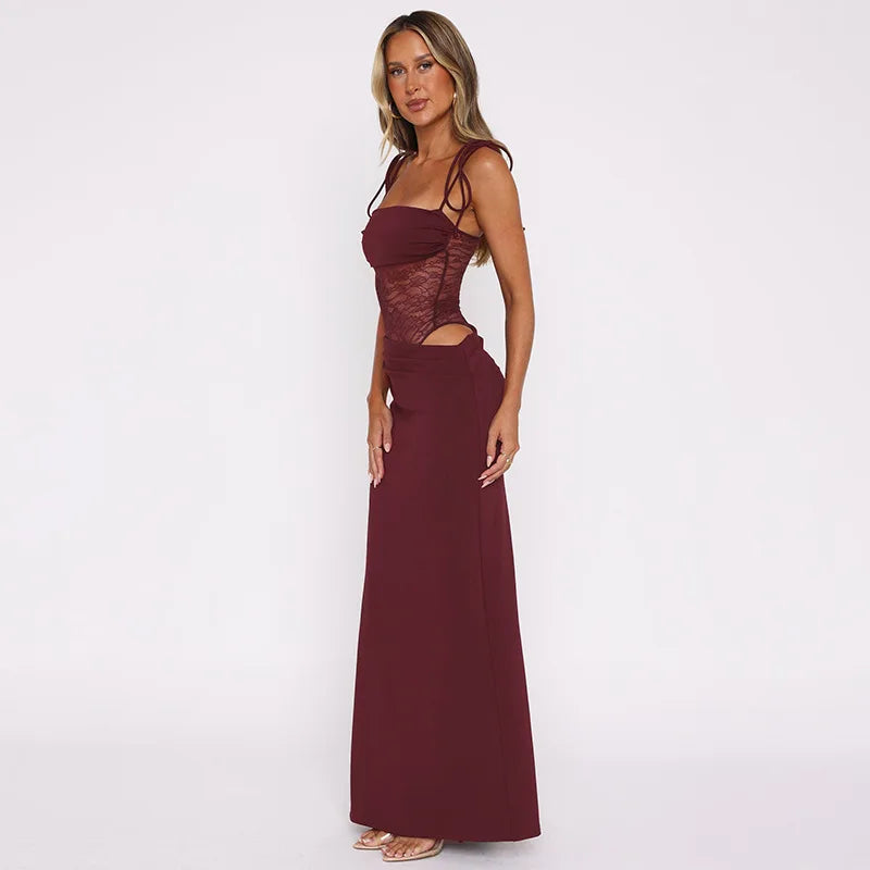 Soraya Tie-Strap Lace Bodysuit Maxi Dress – Black, Burgundy or Yellow Holiday & Occasion Dress