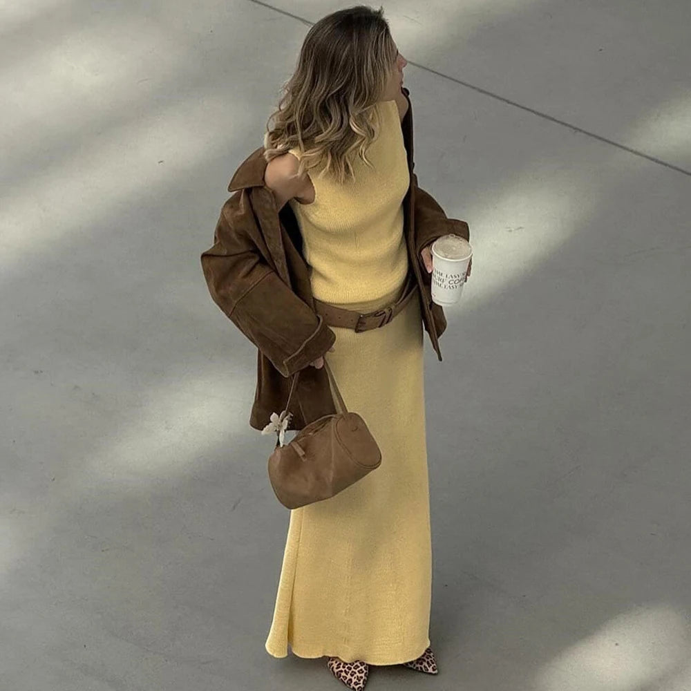 Elvire Sleeveless Knit Co-Ord Maxi Set – Yellow, Green, Red, White, Brown or Black Ribbed High Neck Two-Piece Dress