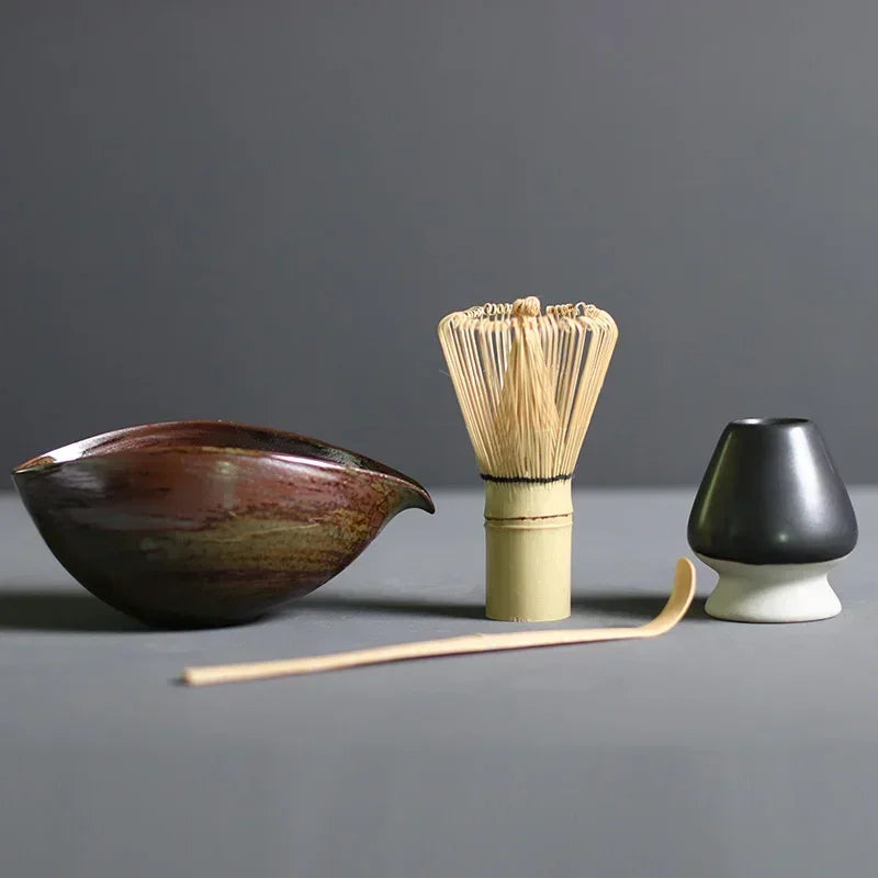 Matcha Tea Set with Bamboo Whisk, Bowl, Scoop & Holder – Traditional Japanese Ceremony Kit in Black, Brown, Dark Grey & Stone