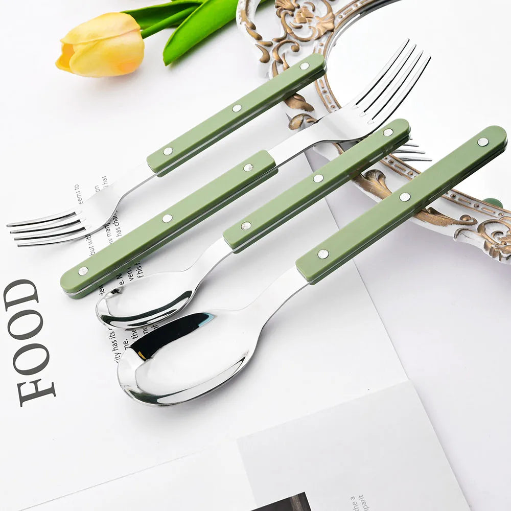 Green/ White Handle Stainless Steel Cutlery Set – 16-Piece Flatware with Forks, Knives & Spoons for Everyday Dining
