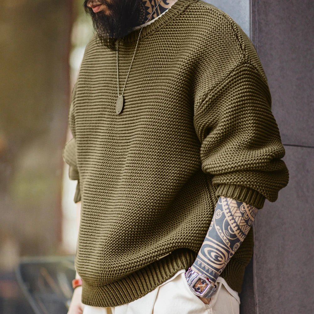 Relaxed Textured Knit Crew Neck Jumper – Oversized Fit Ribbed Hem Men’s Pullover