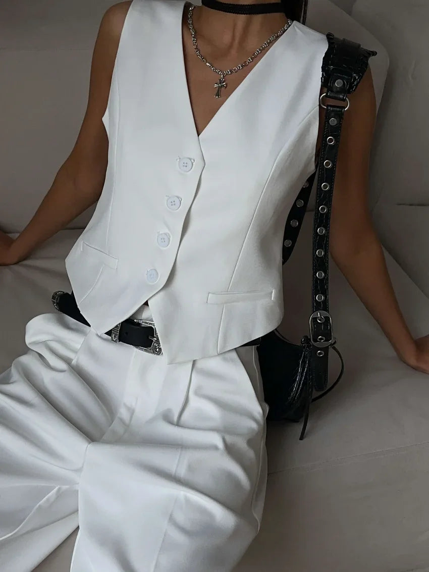 Averna Sleeveless Waistcoat and Bermuda Short Co-Ord Set – White, Charcoal Grey or Black Tailored Two-Piece for Women