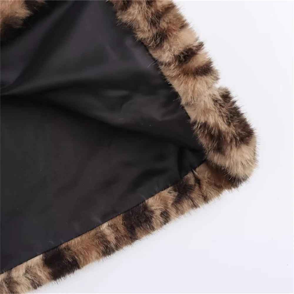 Corvelle Faux Fur Winter Jacket – Soft Plush Leopard Print Coat with Long Sleeves and Lapel Collar