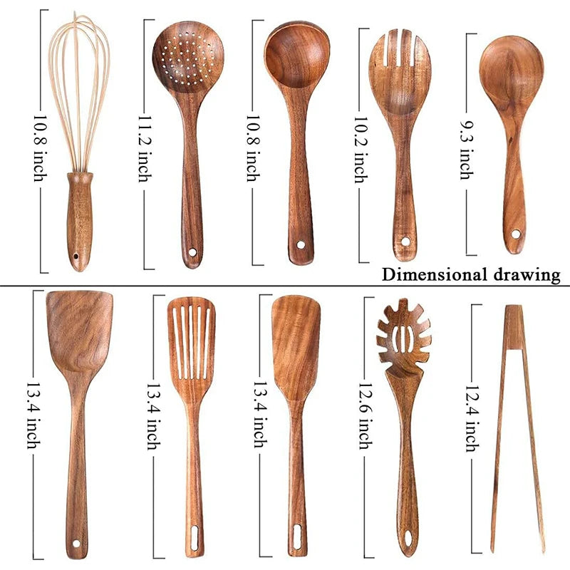 Natural Bamboo Wood Kitchen Utensil Set – 7/10-Piece Wooden Cooking Spoons, Spatulas & Tongs for Non-Stick Cookware