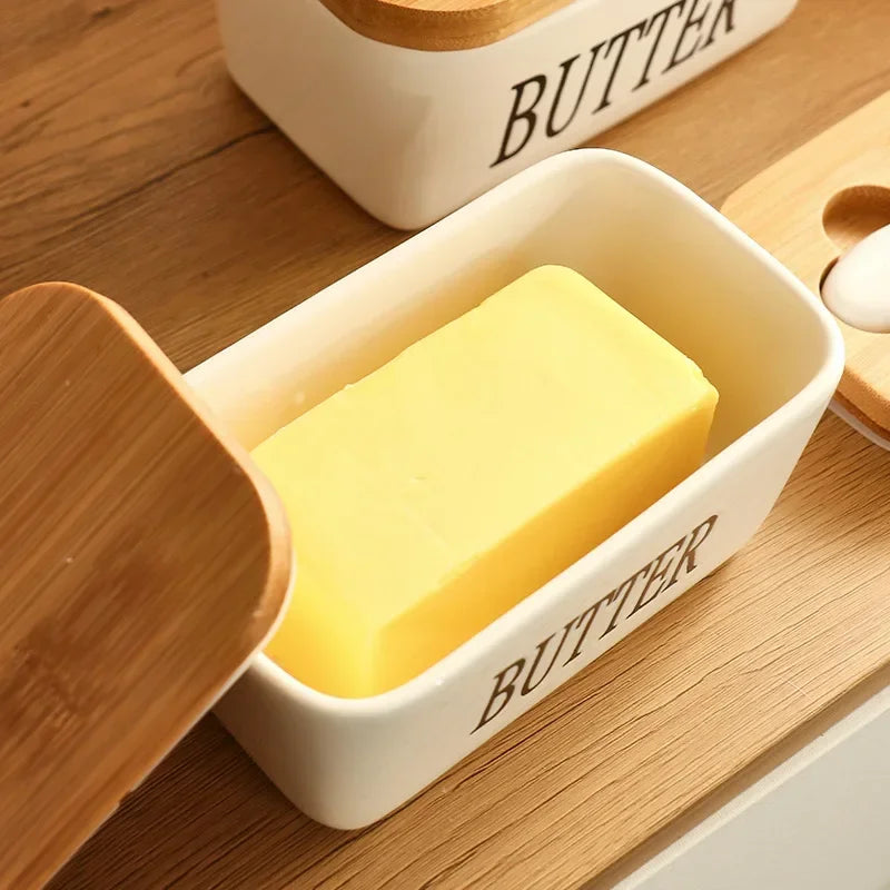 Ceramic Butter Dish with Wooden Lid & Knife – White Kitchen Storage Container