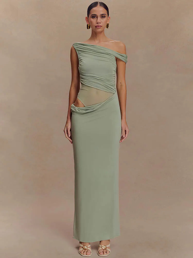 Marcelle One Shoulder Ruched Mesh Cut Out Maxi Dress – Black or Sage Green Summer Bodycon Gown