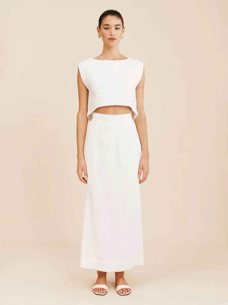 Calais White Sleeveless Crop Top & Midi Skirt Co-Ord – Minimalist Linen Two-Piece Set for Summer Holiday & Occasionwear