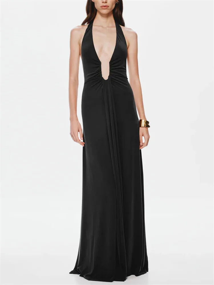 Savina Halterneck Plunge Ruched Maxi Dress – White, Chocolate Brown, Lilac, Silver & Black Summer Occasion Dress