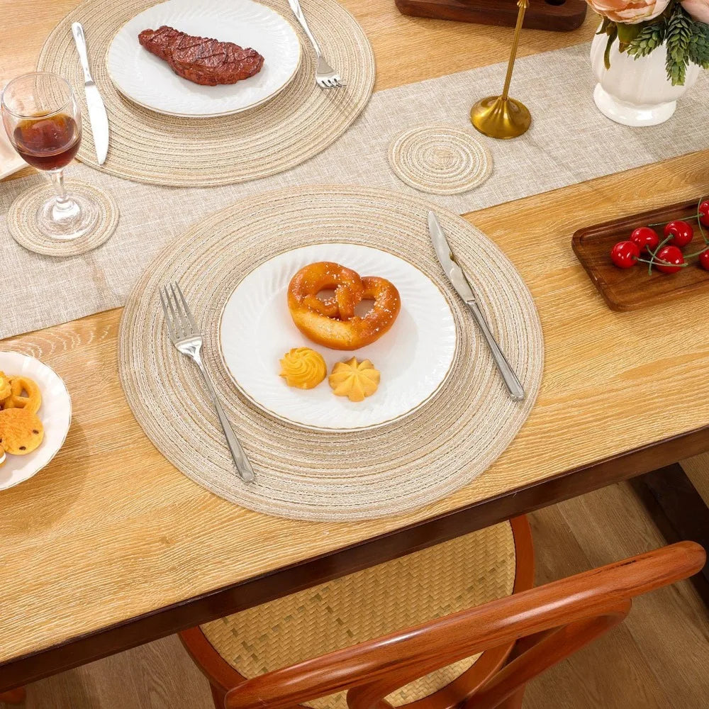Woven Round Placemats and Coasters Set – 6-Piece Dining Table Mats