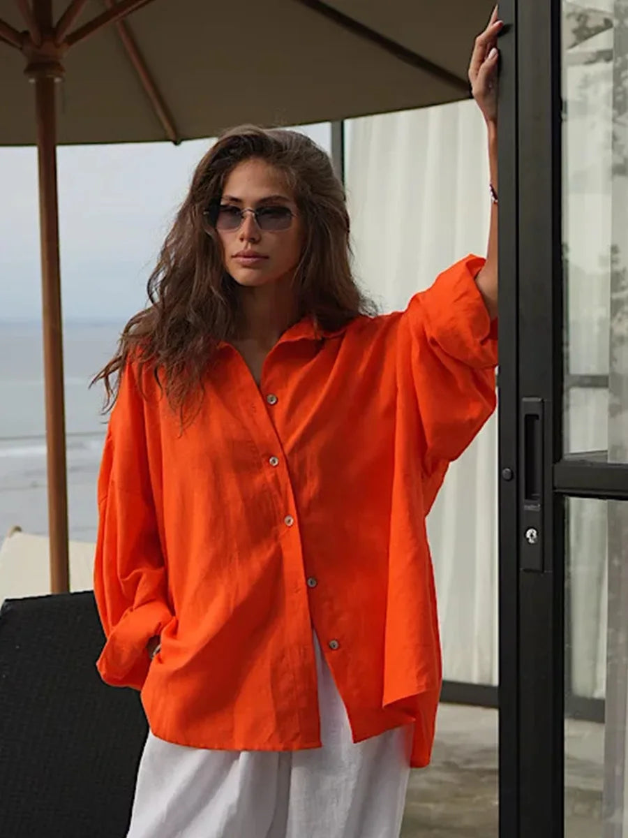 Evanna Relaxed Oversized Cotton Shirt – Sky Blue, White, Navy, Orange, Pink